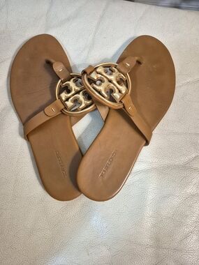 Tory Burch Tan Leather Logo Thong Sandals with Gold Emblem